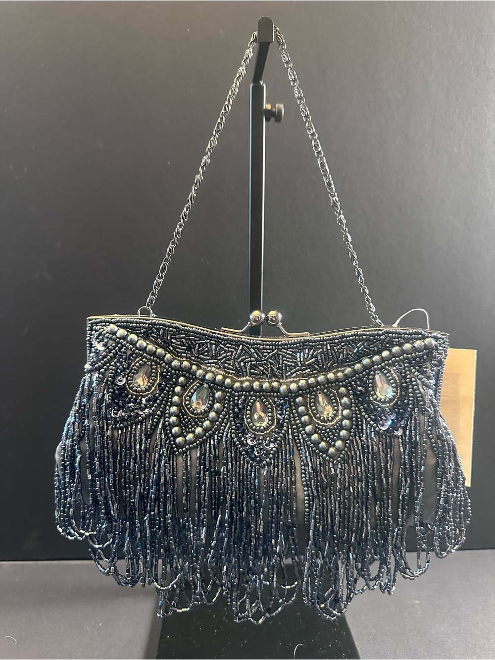🖤 NWT Midnight Coven  Fog Gray Beaded Fringe Clutch